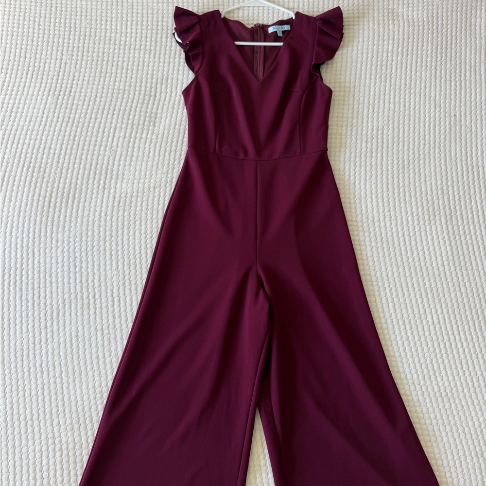 She + Sky Burgundy Ruffle-Sleeve Wide-Leg Jumpsuit